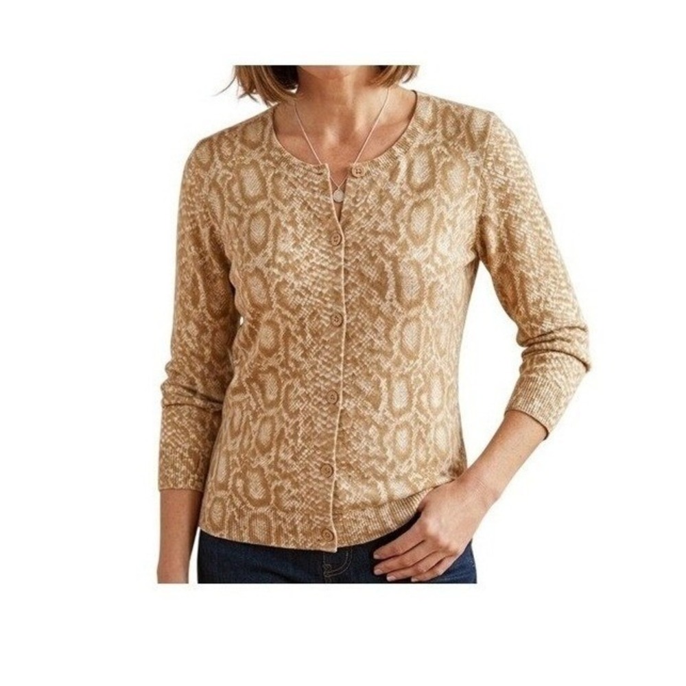 C Wonder Snakeskin Print‎ Cardigan Sweater Tan Brown Knit Long Sleeve Crewneck